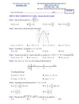 đề tham khảo học kỳ 2 toán 10 năm 2022 – 2023 trường thpt kim liên – hà nội