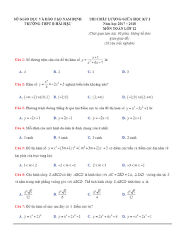 đề thi chất lượng giữa hki năm học 2017 – 2018 môn toán 12 trường thpt b hải hậu – nam định