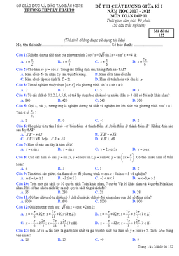 đề thi chất lượng giữa kỳ 1 năm 2017 – 2018 môn toán 11 trường thpt lý thái tổ – bắc ninh
