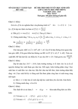 đề thi chọn đội tuyển học sinh giỏi toán 12 năm 2018 – 2019 sở gd và đt bến tre