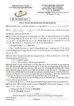 đề thi chọn học sinh giỏi toán 11 trại hè hùng vương lần thứ 18 năm 2024