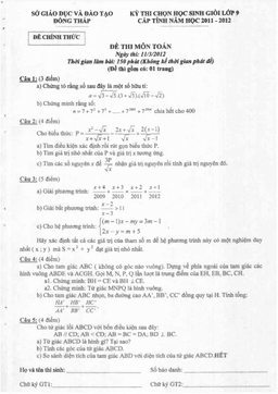 đề thi chọn học sinh giỏi toán 9 cấp tỉnh năm 2011 – 2012 sở gd&đt đồng tháp