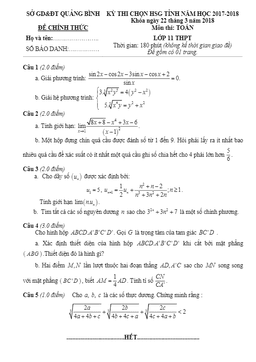 đề thi chọn hsg tỉnh toán 11 năm 2017 – 2018 sở gd&đt quảng bình