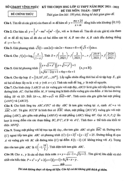 đề thi chọn hsg toán 12 thpt năm 2021 – 2022 sở gd&đt vĩnh phúc