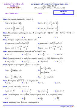 đề thi chuyên đề toán 11 lần 1 năm 2020 – 2021 trường thpt vĩnh yên – vĩnh phúc