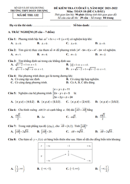 đề thi cuối học kì 1 toán 10 năm 2021 – 2022 trường thpt đoàn thượng – hải dương