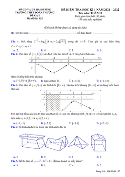 đề thi cuối học kì 1 toán 12 năm 2021 – 2022 trường thpt đoàn thượng – hải dương