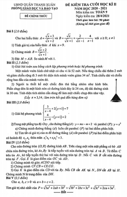 đề thi cuối học kì 2 toán 9 năm 2020 – 2021 phòng gd&đt thanh xuân – hà nội