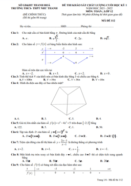 đề thi cuối học kỳ 1 toán 12 năm 2021 – 2022 trường như thanh – thanh hóa