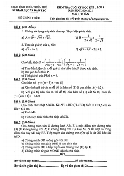 đề thi cuối học kỳ 1 toán 9 năm 2020 – 2021 sở gd&đt thừa thiên huế