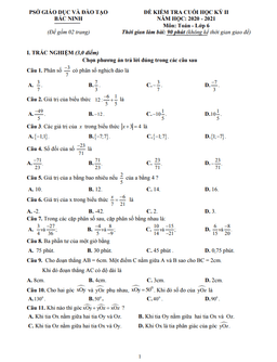 đề thi cuối học kỳ 2 toán 6 năm 2020 – 2021 sở gd&đt bắc ninh