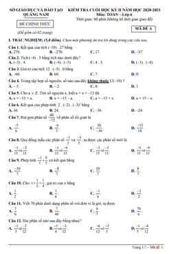 đề thi cuối học kỳ 2 toán 6 năm 2020 – 2021 sở gd&đt quảng nam