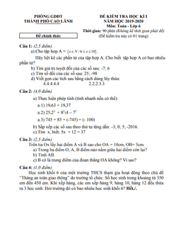 đề thi cuối kì 1 toán 6 năm 2019 – 2020 phòng gd&đt tp cao lãnh – đồng tháp