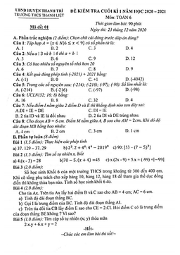 đề thi cuối kì 1 toán 6 năm 2020 – 2021 trường thcs thanh liệt – hà nội