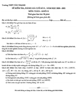 đề thi cuối kì 2 toán 11 năm 2020 – 2021 trường thpt tây thạnh – tp hcm