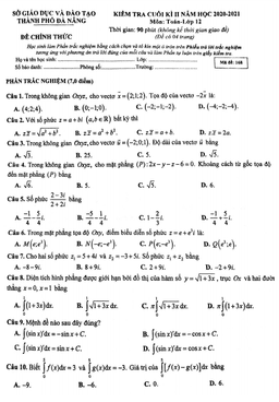 đề thi cuối kì 2 toán 12 năm 2020 – 2021 sở gd&đt thành phố đà nẵng