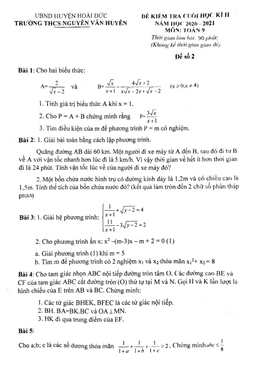 đề thi cuối kì 2 toán 9 năm 2020 – 2021 trường thcs nguyễn văn huyên – hà nội