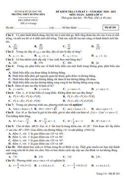 đề thi cuối kỳ 1 toán 11 năm 2020 – 2021 trường thpt hướng hóa – quảng trị