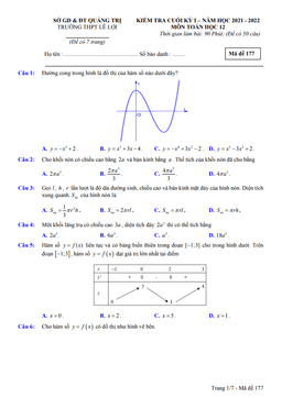 đề thi cuối kỳ 1 toán 12 năm 2021 – 2022 trường thpt lê lợi – quảng trị