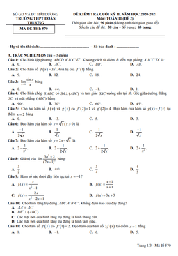 đề thi cuối kỳ 2 toán 11 năm 2020 – 2021 trường đoàn thượng – hải dương