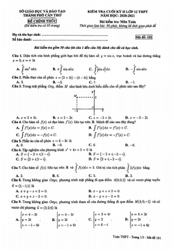 đề thi cuối kỳ 2 toán 12 năm 2020 – 2021 sở gd&đt thành phố cần thơ