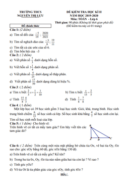 đề thi cuối kỳ 2 toán 6 năm 2019 – 2020 trường thcs nguyễn thị lựu – đồng tháp