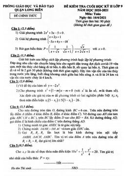 đề thi cuối kỳ 2 toán 9 năm 2020 – 2021 phòng gd&đt long biên – hà nội