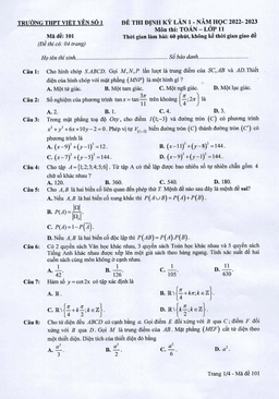 đề thi định kỳ lần 1 toán 11 năm 2022 – 2023 trường thpt việt yên 1 – bắc giang