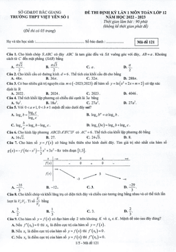 đề thi định kỳ lần 1 toán 12 năm 2022 – 2023 trường thpt việt yên 1 – bắc giang