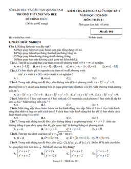 đề thi giữa hk1 toán 11 năm 2020 – 2021 trường thpt nguyễn huệ – quảng nam