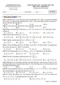 đề thi giữa hk1 toán 11 năm 2020 – 2021 trường thpt trần văn dư – quảng nam