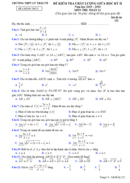 đề thi giữa hk2 toán 11 năm 2019 – 2020 trường thpt lý thái tổ – bắc ninh