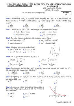 đề thi giữa hk2 toán 12 năm 2017 – 2018 trường thpt yên phong số 1 – bắc ninh