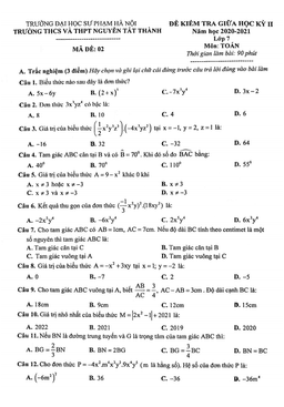 đề thi giữa hk2 toán 7 năm 2020 – 2021 trường nguyễn tất thành – hà nội