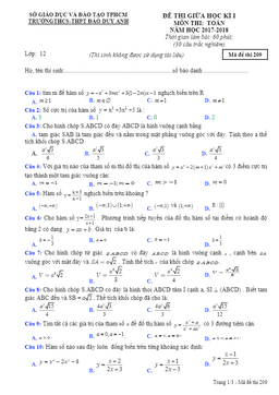 đề thi giữa hki môn toán 12 năm học 2017 – 2018 trường thcs – thpt đào duy anh – tp. hcm
