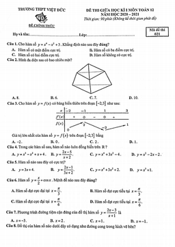 đề thi giữa học kì 1 toán 12 năm 2020 – 2021 trường thpt việt đức – hà nội