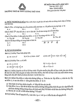 đề thi giữa học kì 1 toán 6 năm 2020 – 2021 trường lương thế vinh – hà nội