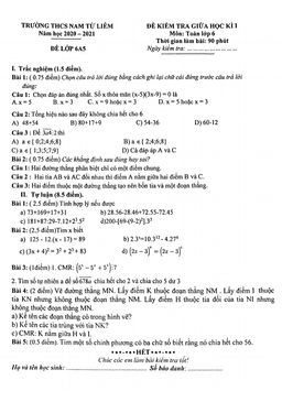đề thi giữa học kì 1 toán 6 năm 2020 – 2021 trường thcs nam từ liêm – hà nội