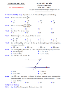 đề thi giữa học kì 1 toán 7 năm 2020 – 2021 trường thcs mỹ đình 1 – hà nội