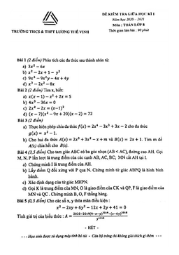 đề thi giữa học kì 1 toán 8 năm 2020 – 2021 trường lương thế vinh – hà nội