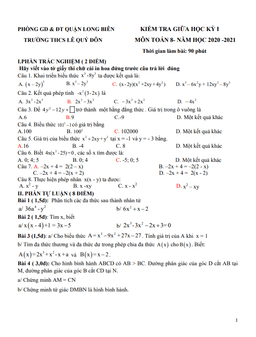 đề thi giữa học kì 1 toán 8 năm 2020 – 2021 trường thcs lê quý đôn – hà nội