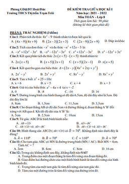 đề thi giữa học kì 1 toán 8 năm 2021 – 2022 trường thcs trạm trôi – hà nội