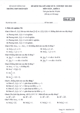 đề thi giữa học kì 2 toán 11 năm 2021 – 2022 trường thpt đoàn kết – đồng nai