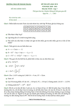 đề thi giữa học kì 2 toán 7 năm 2020 – 2021 trường thcs võ thành trang – tp hcm