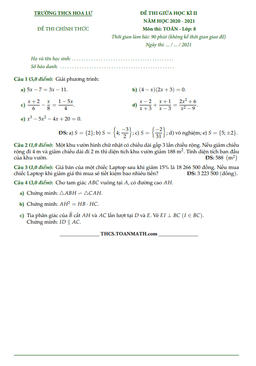 đề thi giữa học kì 2 toán 8 năm 2020 – 2021 trường thcs hoa lư – tp hcm