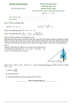 đề thi giữa học kì 2 toán 8 năm 2020 – 2021 trường thcs kim đồng – tp hcm