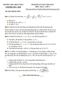 đề thi giữa học kì 2 toán 9 năm 2017 – 2018 trường thcs dịch vọng – hà nội