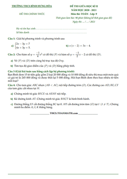 đề thi giữa học kì 2 toán 9 năm 2020 – 2021 trường thcs bình hưng hòa – tp hcm