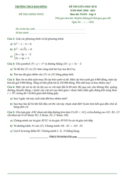 đề thi giữa học kì 2 toán 9 năm 2020 – 2021 trường thcs kim đồng – tp hcm