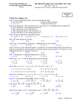 đề thi giữa học kỳ 1 năm học 2017 – 2018 môn toán 10 trường thpt nguyễn bỉnh khiêm – đồng nai
